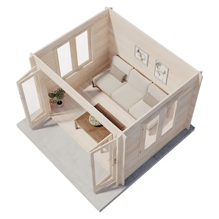 Alpholz Gartenhaus Summertime - Außenmaß inkl. Dachüberstand (B x T): 330 x 270 cm, Holz, Naturbelassen - Heller Holzkabinen-Innenraum mit Sofa, Couchtisch und Pflanze, zeigt funktionalen Wohnraum.