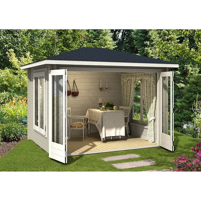 Alpholz Gartenhaus Summertime - Außenmaß inkl. Dachüberstand (B x T): 330 x 270 cm, Holz, Naturbelassen - Geräumiges helles Gartenhaus aus Holz mit offenen Glastüren, dunklem Dach, mit Essbereich.
