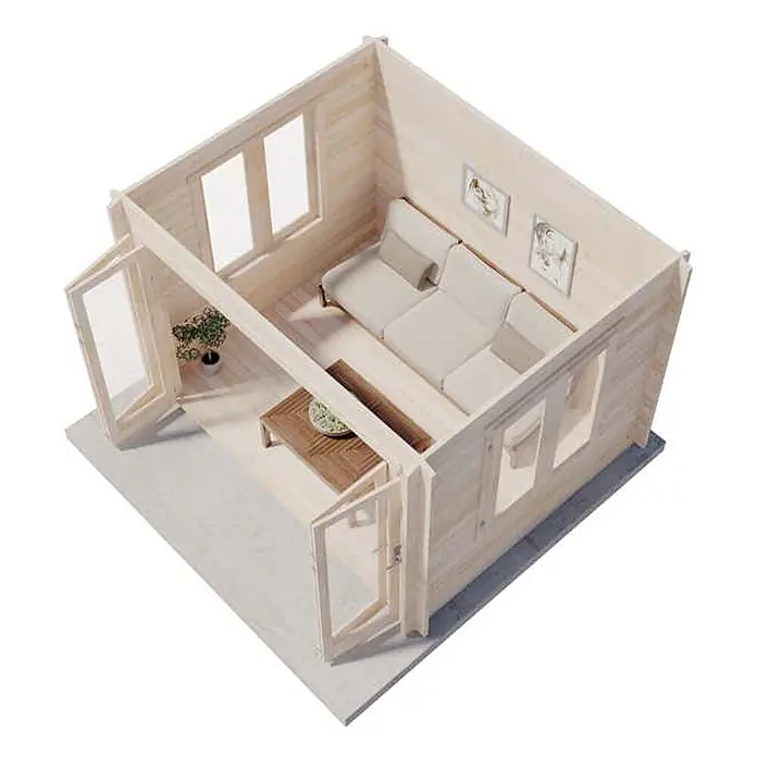 Alpholz Gartenhaus Summertime - Außenmaß inkl. Dachüberstand (B x T): 330 x 270 cm, Holz, Naturbelassen - Hölzernes Hütteninterieur mit Sofa, Couchtisch, Pflanze, Fenstern und offenen Türen.