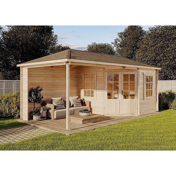 Alpholz Gartenhaus Mosel - Außenmaß inkl. Dachüberstand (B x T): 614 x 317 cm, Holz, Naturbelassen - Helle Holz-Gartenhütte mit integrierter überdachter Terrasse und Sitzgelegenheiten.