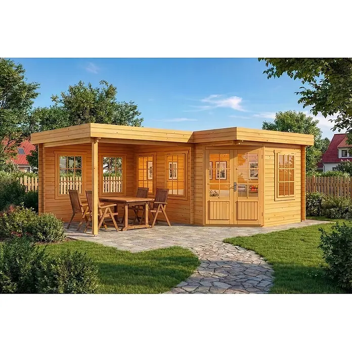Alpholz Gartenhaus Pepe - Außenmaß inkl. Dachüberstand (B x T): 618 x 462 cm, Holz, Pinie - L-förmiges Holzgartenhaus mit überdachter Terrasse und hölzerner Gartensitzgruppe, umgeben von grünem Gras und Büschen.
