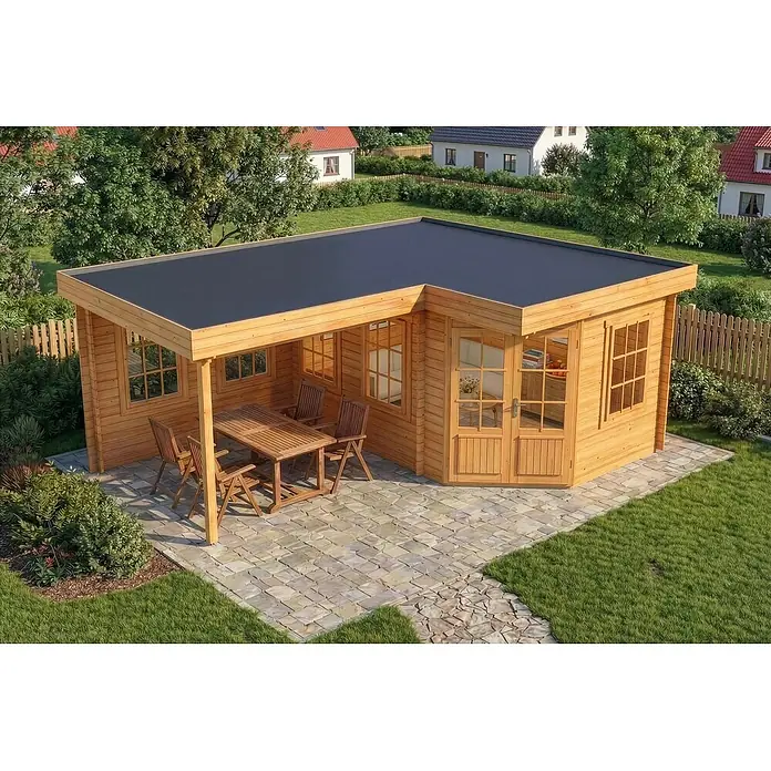 Alpholz Gartenhaus Pepe - Außenmaß inkl. Dachüberstand (B x T): 618 x 462 cm, Holz, Pinie - Hölzernes Gartenhaus mit schwarzem Flachdach und integrierter überdachter Terrasse mit Gartenmöbeln.
