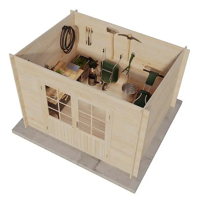 Alpholz Gartenhaus Maria - Außenmaß inkl. Dachüberstand (B x T): 300 x 272 cm, Holz, Naturbelassen - Gartenhaus aus hellem Holz mit Doppeltüren, gefüllt mit verschiedenen Gartengeräten.