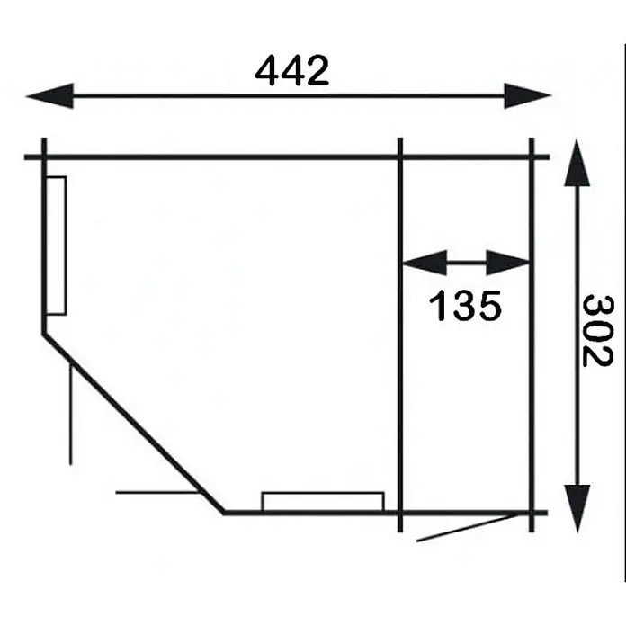 Alpholz Gartenhaus Josephine - Außenmaß inkl. Dachüberstand (B x T): 452 x 312 cm, Holz, Pinie - Technische Zeichnung eines unregelmäßig geformten Grundrisses mit Maßen 442, 302 und 135. Zeigt interne Aufteilung.