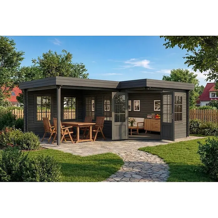 Alpholz Gartenhaus Pepe - Außenmaß inkl. Dachüberstand (B x T): 618 x 462 cm, Holz, Grau - Ein dunkelgraues L-förmiges Gartenhaus mit Outdoor-Sitzgruppe und gemütlichem Innenbereich.
