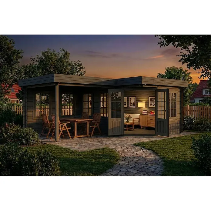 Alpholz Gartenhaus Pepe - Außenmaß inkl. Dachüberstand (B x T): 618 x 462 cm, Holz, Grau - Dunkelgraues L-förmiges Gartenhaus mit Naturholztüren, mit Essbereich im Freien und Innenlounge, im Garten bei Sonnenuntergang.
