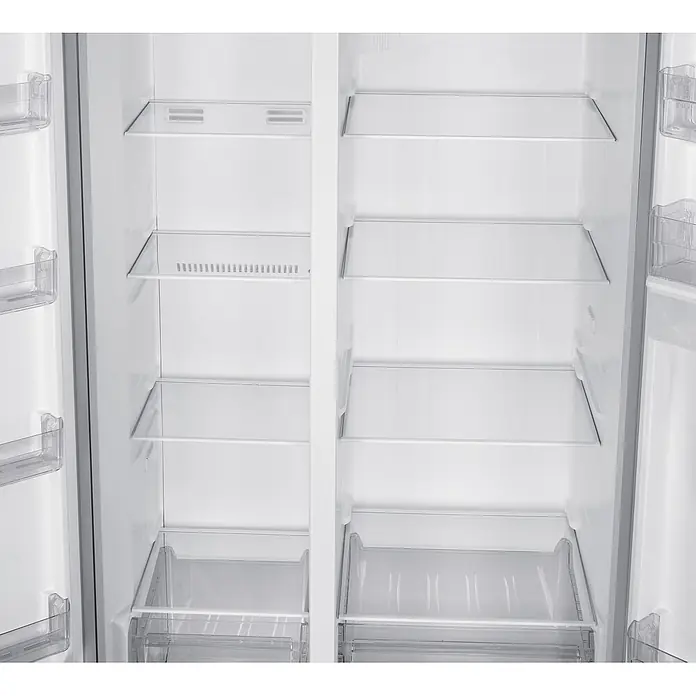 Respekta Kühl-Gefrierkombination Halvar - Nutzinhalt Gesamt: 439 l, 97,2 x 63 x 186,2 cm, Inox Look - Leerer weißer Side-by-Side-Kühlschrankinnenraum mit transparenten Regalböden und Türfächern.