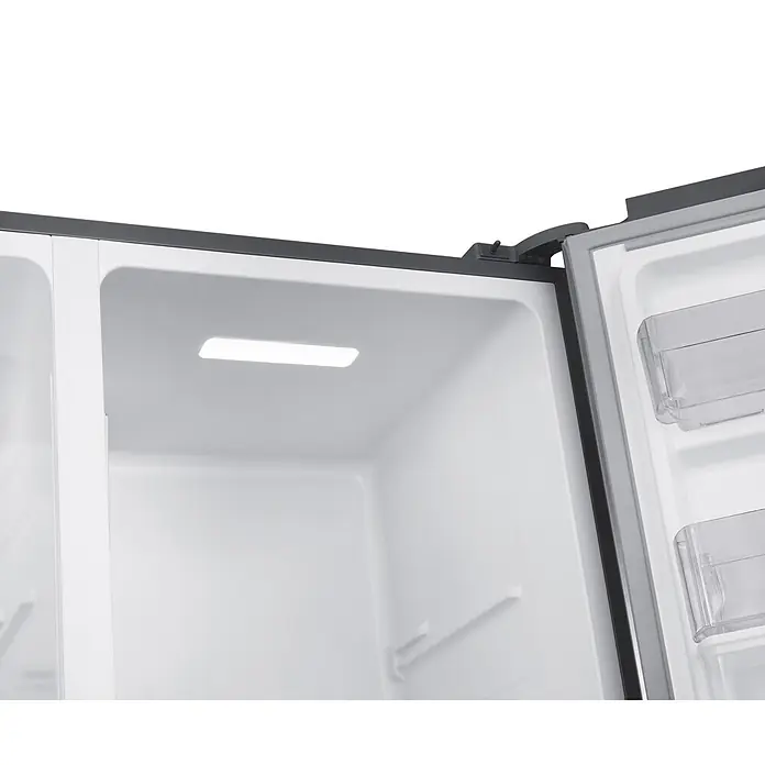 Respekta Kühl-Gefrierkombination Halvar - Nutzinhalt Gesamt: 439 l, 97,2 x 63 x 186,2 cm, Inox Look - Geöffneter Kühlschrankinnenraum mit weißen Innenwänden, LED-Licht und durchsichtigen Türfächern.