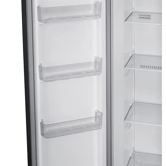 Respekta Kühl-Gefrierkombination Halvar - Nutzinhalt Gesamt: 439 l, 97,2 x 63 x 186,2 cm, Inox Look - Weißer Kühlschrank-Innenraum mit transparenten Türfächern und Glasböden.
