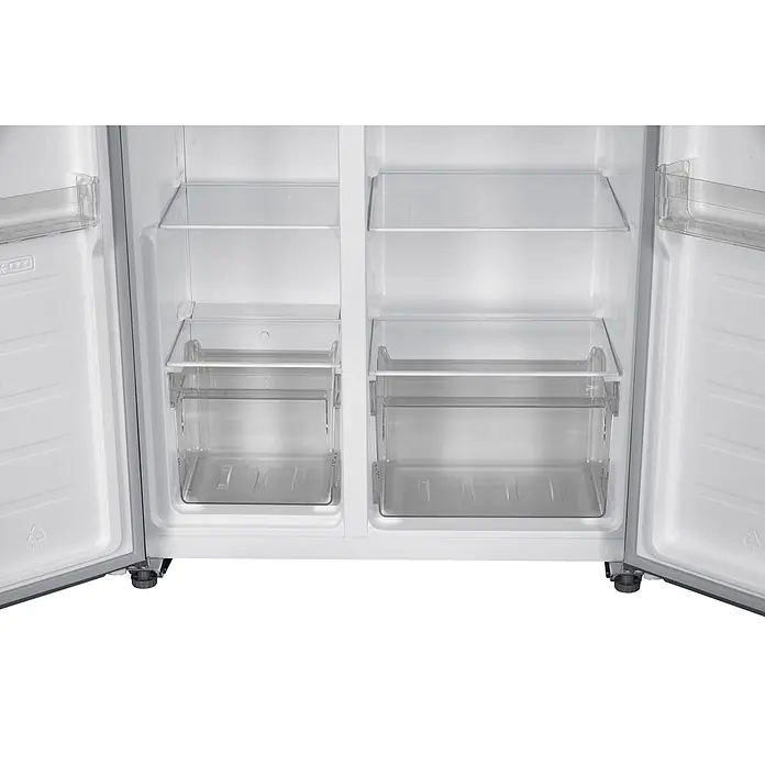 Respekta Kühl-Gefrierkombination Halvar - Nutzinhalt Gesamt: 439 l, 97,2 x 63 x 186,2 cm, Inox Look - Offener, weißer Kühlschrank mit leeren, transparenten Ablagen und Schubladen, bereit zur Befüllung.