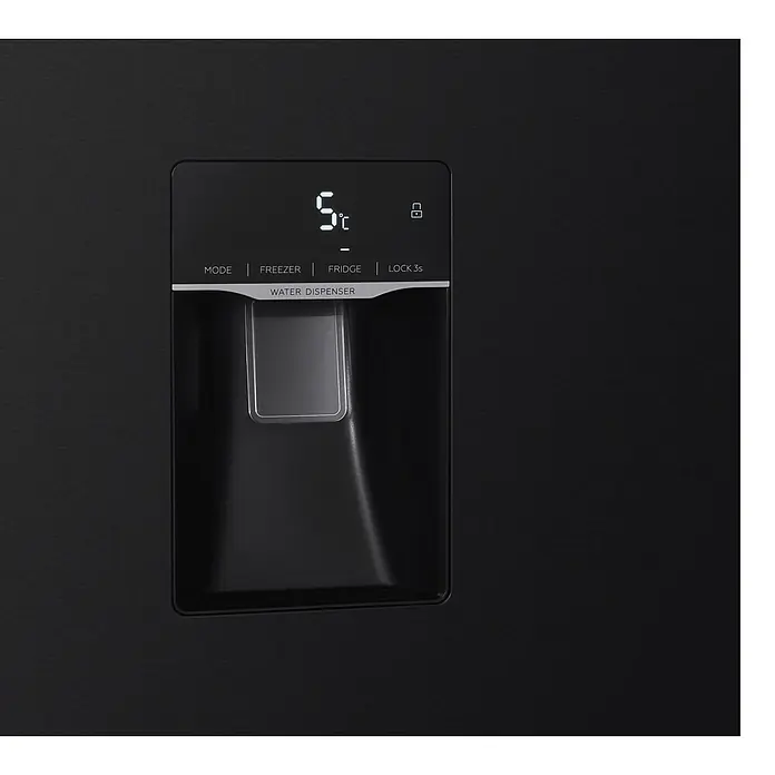 Respekta Kühl-Gefrierkombination Halvar - Nutzinhalt Gesamt: 439 l, 97,2 x 63 x 186,2 cm, Black Steel - Schwarzes gebürstetes Kühlschrank-Bedienfeld mit digitaler 5°C-Anzeige, Bedientasten und Wasserspender.
