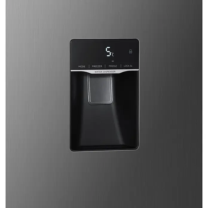 Respekta Kühl-Gefrierkombination Halvar - Nutzinhalt Gesamt: 439 l, 97,2 x 63 x 186,2 cm, Inox Look - Dunkelgraue Kühlschranktür aus gebürstetem Metall mit integriertem Wasserspender und digitaler 5°C-Anzeige.