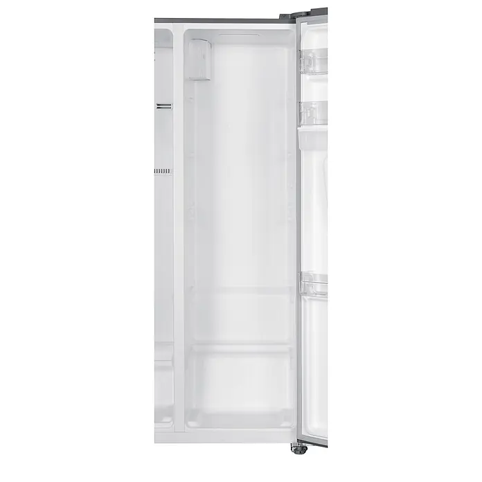 Respekta Kühl-Gefrierkombination Halvar - Nutzinhalt Gesamt: 439 l, 97,2 x 63 x 186,2 cm, Inox Look - Offener, leerer weißer Kühlschrankinnenraum mit transparenten Türablagen und Regalstützen.