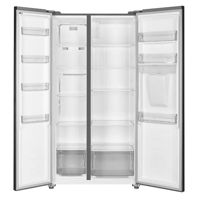 Respekta Kühl-Gefrierkombination Halvar - Nutzinhalt Gesamt: 439 l, 97,2 x 63 x 186,2 cm, Inox Look - Offener Side-by-Side-Kühlschrank mit leerem weißen Innenraum, klaren Böden und Türfächern.