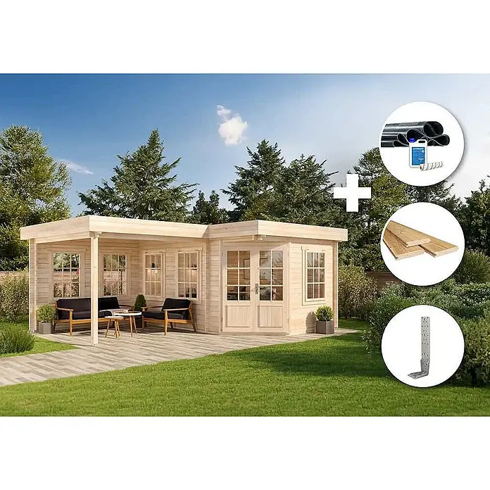 Alpholz Gartenhaus ECO Set Pepe - Außenmaß inkl. Dachüberstand (B x T): 618 x 462 cm, Holz, Naturbelassen - Helles Holz Gartenhaus mit Terrasse und Gartenmöbeln, dazu Baumaterialien wie Rohre, Bretter und ein Metallwinkel.