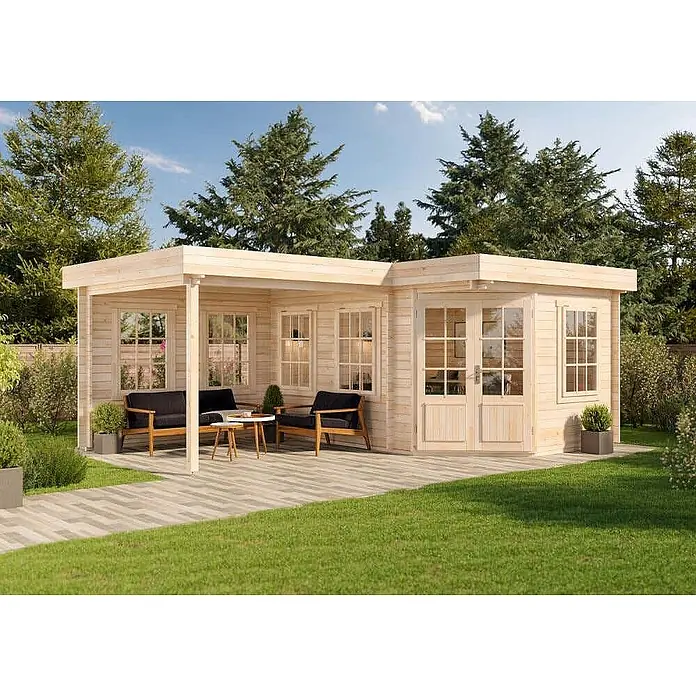 Alpholz Gartenhaus ECO Set Pepe - Außenmaß inkl. Dachüberstand (B x T): 618 x 462 cm, Holz, Naturbelassen - L-förmiges helles Holzgartenhaus mit überdachter Terrasse und Sitzgelegenheiten.