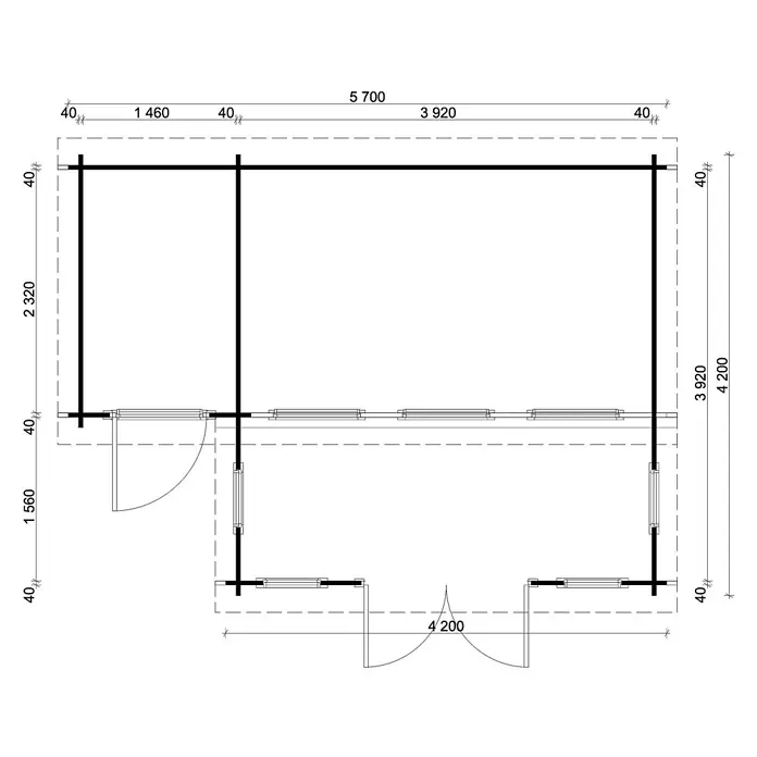 Alpholz Gartenhaus Lausitz - Außenmaß inkl. Dachüberstand (B x T): 590 x 440 cm, Holz, Naturbelassen - Grundriss mit Maßen eines kleinen Gebäudes, inklusive Türen und Fenstern.