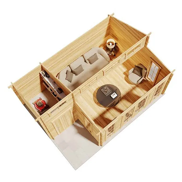 Alpholz Gartenhaus Lausitz - Außenmaß inkl. Dachüberstand (B x T): 590 x 440 cm, Holz, Naturbelassen - Detaillierte Draufsicht eines hölzernen Blockhaus-Grundrisses mit Wohnbereich und Abstellraum samt Rasenmäher.