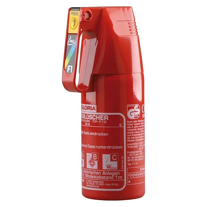 Gloria Feuerlöscher F 1 G - 1 kg, Löschmittel: Pulver - Ein roter Gloria F1G Pulver-Feuerlöscher für Brände der Klassen A, B und C, ideal für den Einsatz im Haushalt und im Auto.