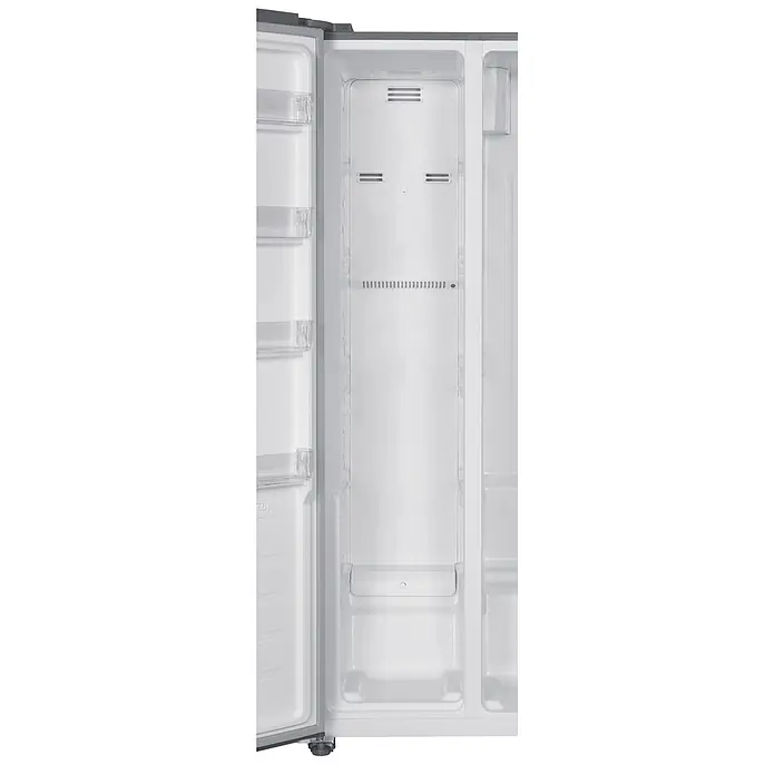 Respekta Kühl-Gefrierkombination Halvar - Nutzinhalt Gesamt: 439 l, 97,2 x 63 x 186,2 cm, Inox Look - Leerer, weißer Gefrierbereich eines Side-by-Side-Kühlschranks mit Regalen, Lüftungsschlitzen und Bodenschublade.