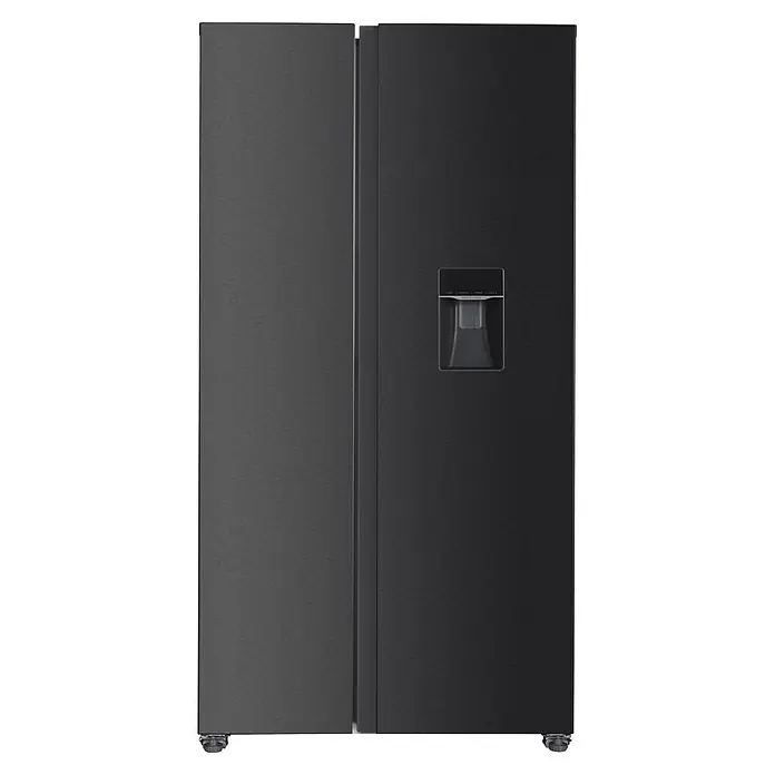 Respekta Kühl-Gefrierkombination Halvar - Nutzinhalt Gesamt: 439 l, 97,2 x 63 x 186,2 cm, Black Steel - Schwarzer Side-by-Side-Kühlschrank aus gebürstetem Metall mit integriertem Wasserspender an der rechten Tür.