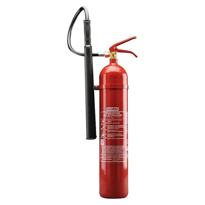 Gloria Feuerlöscher KS 5 ST - 5 kg, Löschmittel: Kohlendioxid - Ein roter Gloria Feuerlöscher mit schwarzem Schlauch und Handgriff, bereit für den Einsatz gegen Brände in verschiedenen Umgebungen.