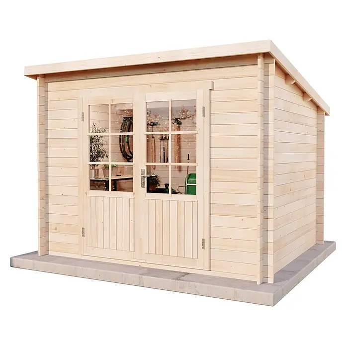 Alpholz Gartenhaus Maria - Außenmaß inkl. Dachüberstand (B x T): 300 x 272 cm, Holz, Naturbelassen - Gartenhaus aus hellem Holz mit Doppeltür aus Glas und Betonsockel.