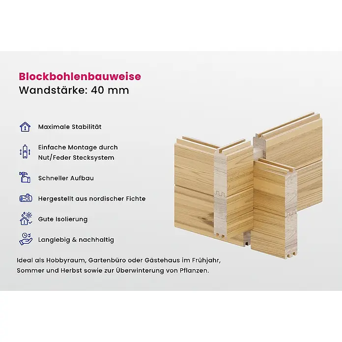 Alpholz Gartenhaus Maria - Außenmaß inkl. Dachüberstand (B x T): 598 x 272 cm, Holz, Naturbelassen - Blockbohlen-Wandelemente aus nordischer Fichte mit Nut/Feder-Stecksystem, 40 mm Wandstärke.