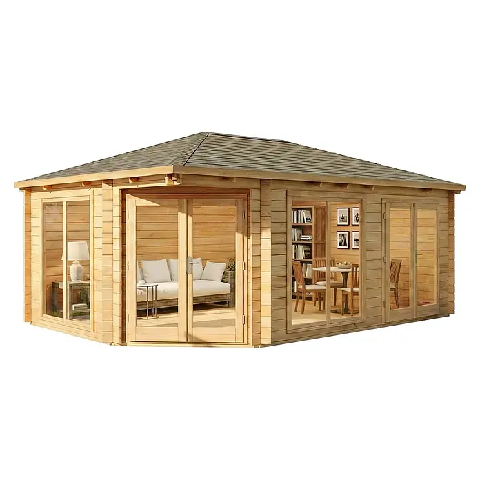 Alpholz Gartenhaus Julia - Außenmaß inkl. Dachüberstand (B x T): 598 x 410 cm, Holz, Naturbelassen - Helles Holz-Gartenhaus mit großen Glastüren und Fenstern, das einen möblierten Innenraum mit Wohn- und Essbereichen zeigt.