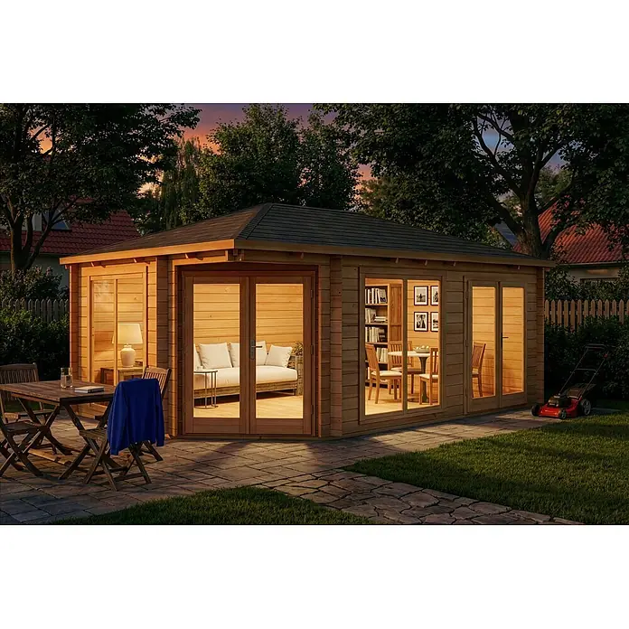 Alpholz Gartenhaus Julia - Außenmaß inkl. Dachüberstand (B x T): 598 x 410 cm, Holz, Naturbelassen - Beleuchtetes Holzgartenhaus in der Abenddämmerung, helles Holz und dunkles Dach. Innen gemütlicher Wohn- und Essbereich, idyllisch im Garten gelegen.