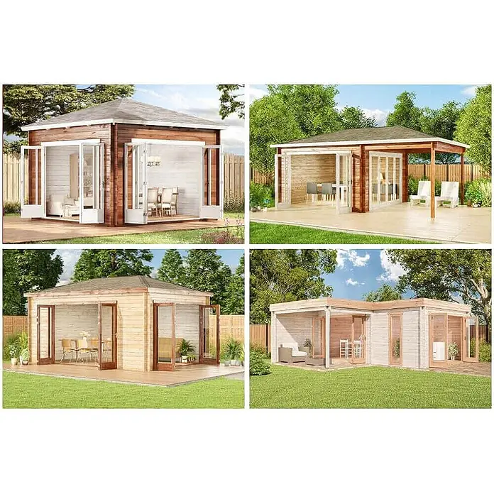 Alpholz Gartenhaus Sunshine - Außenmaß inkl. Dachüberstand (B x T): 618 x 370 cm, Holz, Naturbelassen - Verschiedene Holzhütten mit großen Glastüren, die sich zu Outdoor-Wohn- und Essbereichen öffnen.