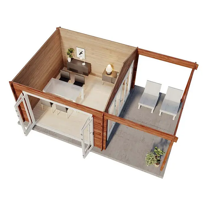 Alpholz Gartenhaus Sunshine - Außenmaß inkl. Dachüberstand (B x T): 618 x 370 cm, Holz, Naturbelassen - Holz-Gartenhütte mit großen Glastüren, innenliegendem Arbeitsbereich und externer Beton-Terrasse mit Liegestühlen.