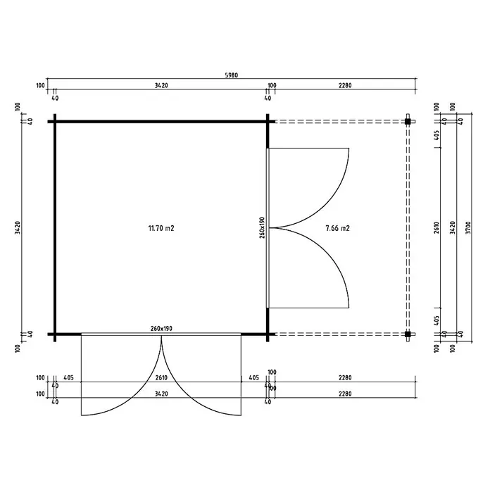 Alpholz Gartenhaus Sunshine - Außenmaß inkl. Dachüberstand (B x T): 618 x 370 cm, Holz, Naturbelassen - Grundriss einer Hütte oder eines Schuppens mit einem geschlossenen Raum (11,70 m²) und einer überdachten Terrasse (7,66 m²), detaillierte Maße.