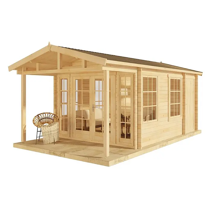 Alpholz Gartenhaus Kim Avant - Außenmaß inkl. Dachüberstand (B x T): 340 x 598 cm, Holz, Naturbelassen - Helles Gartenhaus aus Holz mit überdachter Veranda, vielen Fenstern und französischen Türen auf erhöhtem Sockel.