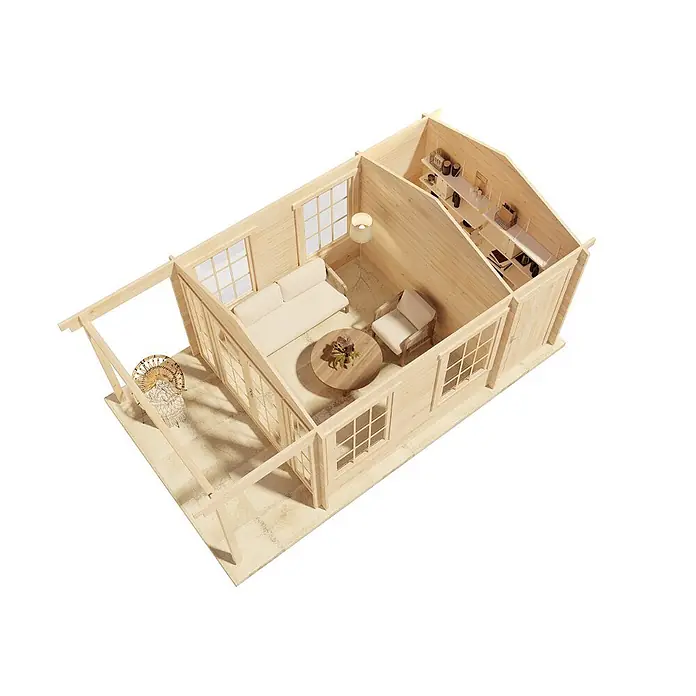 Alpholz Gartenhaus Kim Avant - Außenmaß inkl. Dachüberstand (B x T): 340 x 598 cm, Holz, Naturbelassen - Draufsicht auf ein helles Gartenhaus aus Holz mit offenem Wohnbereich, Stauraum und überdachter Terrasse.