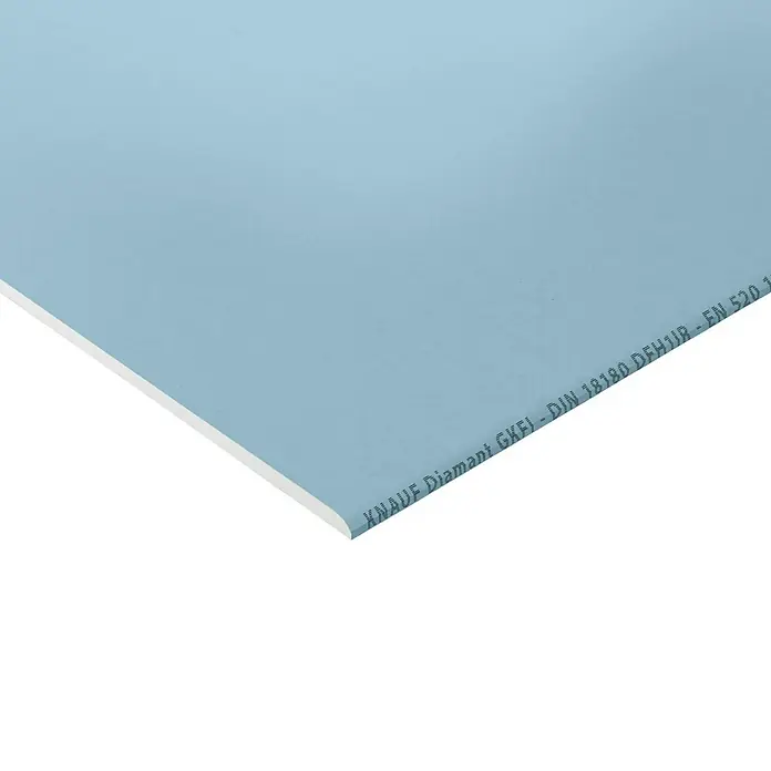 Knauf Gipskartonplatte Diamant GKFI2.000 x 600 x 12,5 mm, Imprägniert - Nahaufnahme einer blauen Knauf Diamant GKF Bauplatte, ideal für feuchte und anspruchsvolle Umgebungen im Innenausbau.