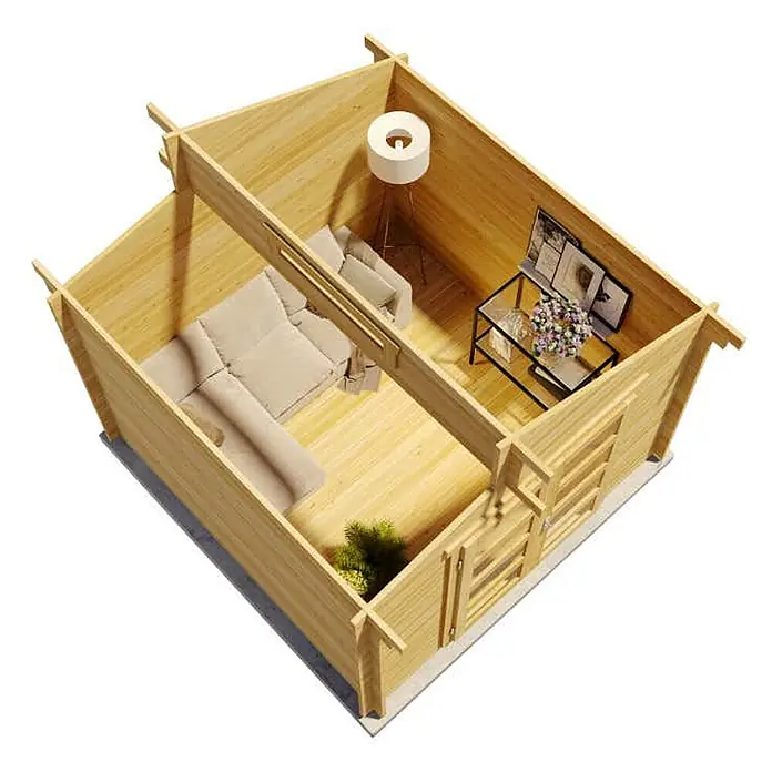 Alpholz Gartenhaus Aktiva - Außenmaß inkl. Dachüberstand (B x T): 360 x 360 cm, Holz, Pinie - Holz-Blockhaus-Bausatz mit offenem Dach, der zwei möblierte Innenräume zeigt.