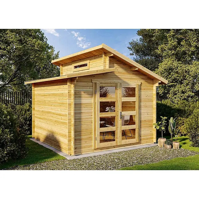 Alpholz Gartenhaus Aktiva - Außenmaß inkl. Dachüberstand (B x T): 360 x 360 cm, Holz, Pinie - Helles Gartenhaus aus Holz mit Glastüren und Schrägdach.