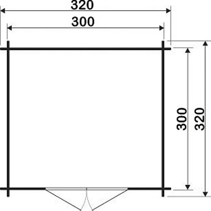 Alpholz Gartenhaus Aktiva - Außenmaß inkl. Dachüberstand (B x T): 360 x 360 cm, Holz, Pinie - Grundriss einer Hütte mit Außenmaßen 320x320 cm und Innenmaßen 300x300 cm, inklusive Tür.