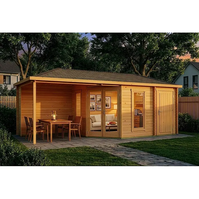 Alpholz Gartenhaus Liwa - Außenmaß inkl. Dachüberstand (B x T): 728 x 317 cm, Holz, Pinie - Geräumiges Gartenhaus aus Holz mit überdachter Terrasse und Innenräumen für Freizeit und Lagerung.