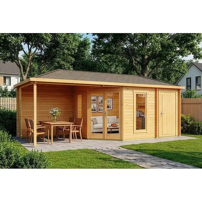Alpholz Gartenhaus Liwa - Außenmaß inkl. Dachüberstand (B x T): 728 x 317 cm, Holz, Pinie - Hellbraunes Holzgartenhaus mit angebautem Pavillon auf einer Terrasse, das Innen- und Außenwohnbereiche bietet.