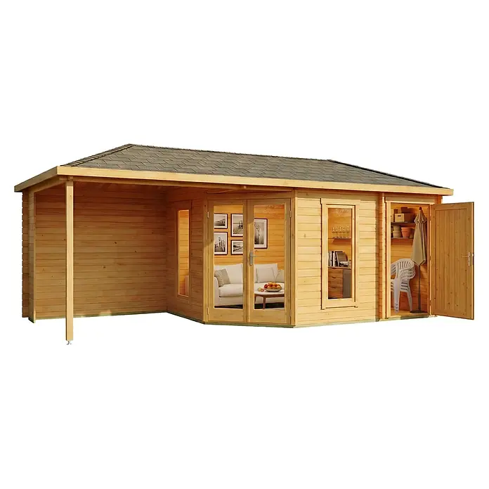 Alpholz Gartenhaus Liwa - Außenmaß inkl. Dachüberstand (B x T): 728 x 317 cm, Holz, Pinie - Helles Gartenhaus aus Holz mit überdachter Veranda, Glastüren und integriertem Geräteschuppen.