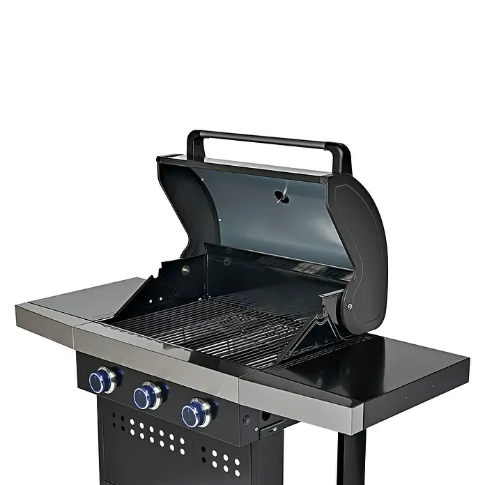 Grillstar Barbacoa de gas Atlanta II 300 - Superficie de la parrilla (An x Pr): 62 x 41,5 cm, 10,5 kW, Número de quemadores: 3 - Una parrilla de gas con tapa abierta, que muestra las rejillas y los mandos, ideal para barbacoas de verano.