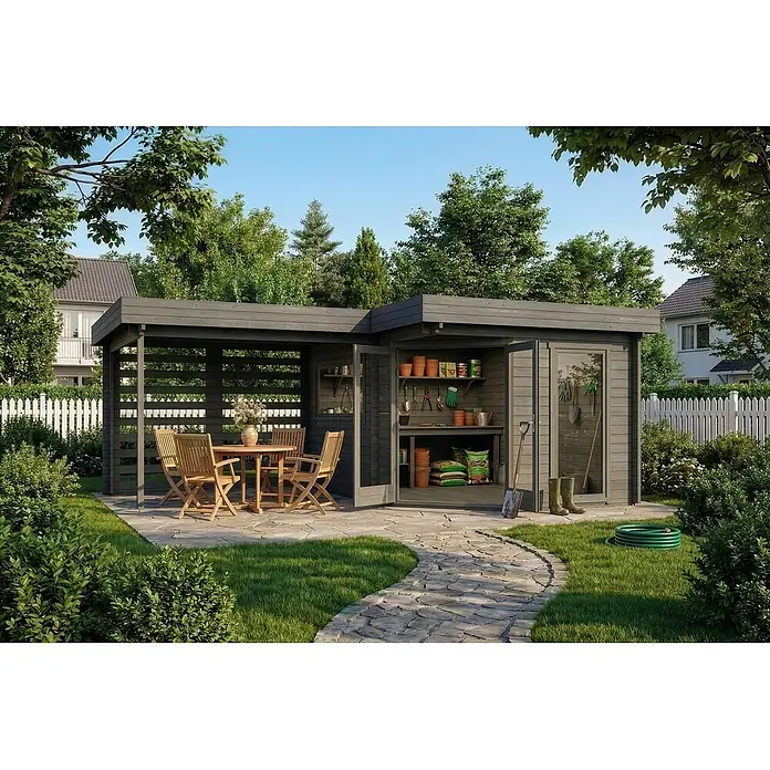 Alpholz Gartenhaus Pepe Optima - Außenmaß inkl. Dachüberstand (B x T): 618 x 462 cm, Holz, Grau - Dunkelgrauer Holz-Gartenschuppen mit integrierter Terrasse, ausgestattet für Gartenlagerung und Speisen im Freien.