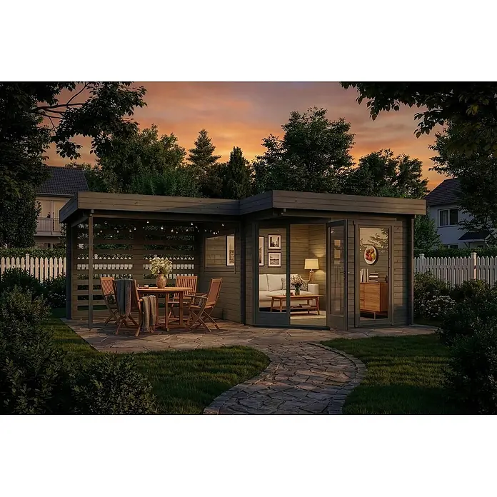 Alpholz Gartenhaus Pepe Optima - Außenmaß inkl. Dachüberstand (B x T): 618 x 462 cm, Holz, Grau - Dunkelgraues Gartenhaus mit angeschlossener Holzpergola, Essbereich im Freien und Innenlounge, eingebettet in einen Garten bei Sonnenuntergang.