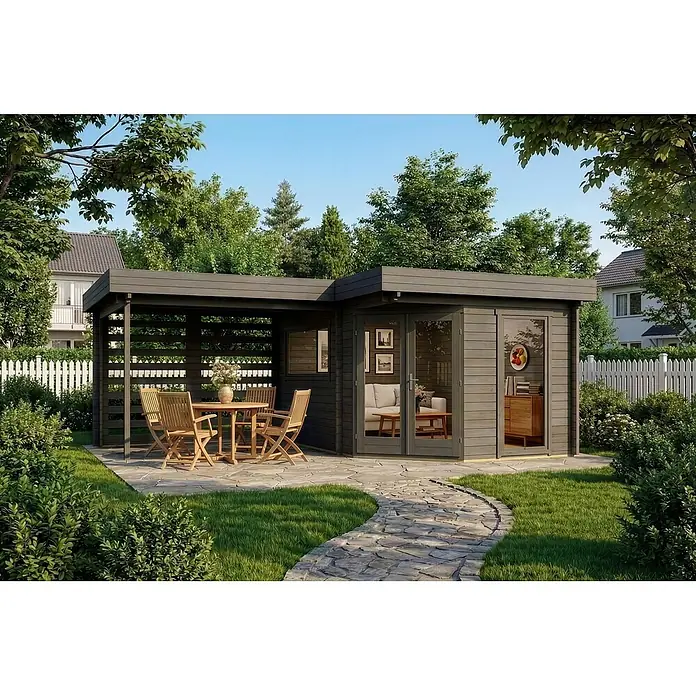 Alpholz Gartenhaus Pepe Optima - Außenmaß inkl. Dachüberstand (B x T): 618 x 462 cm, Holz, Grau - Graues Gartenhaus aus Holz mit integrierter Terrasse und Sitzgelegenheiten im Garten.