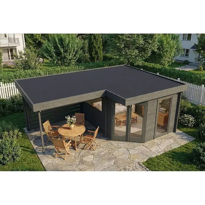Alpholz Gartenhaus Pepe Optima - Außenmaß inkl. Dachüberstand (B x T): 618 x 462 cm, Holz, Grau - Dunkelgraues Garten-Blockhaus mit Flachdach und angebauter Pergola, mit Essbereich im Freien und Wohnbereich im Innenbereich auf Steinterrasse.