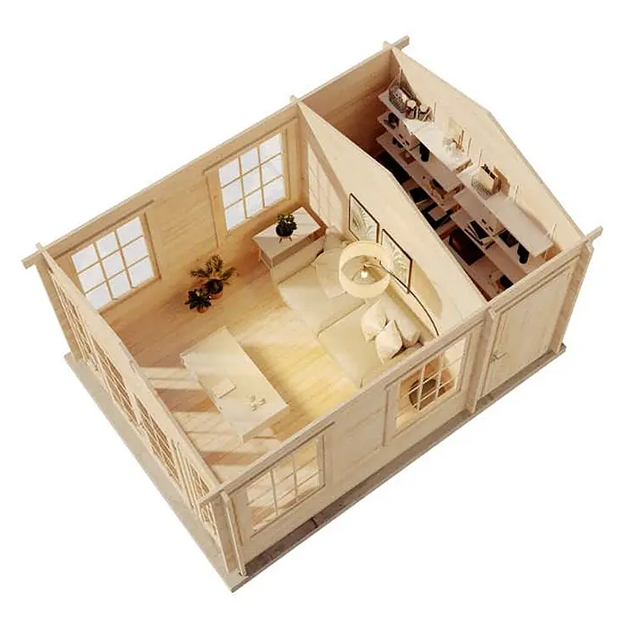 Alpholz Gartenhaus Kim - Außenmaß inkl. Dachüberstand (B x T): 340 x 460 cm, Holz, Naturbelassen - Miniatur-Holzblockhütte mit offenem Interieur, Wohnbereich und Regalen.