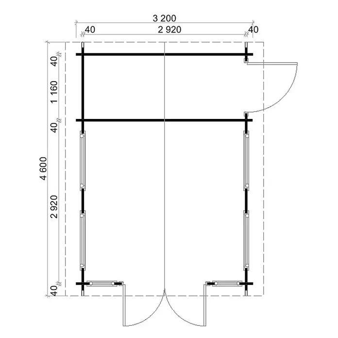 Alpholz Gartenhaus Kim - Außenmaß inkl. Dachüberstand (B x T): 340 x 460 cm, Holz, Naturbelassen - Grundriss eines rechteckigen Gebäudes mit zwei Räumen und Gesamtabmessungen. Zeigt eine Eingangstür und eine Seitentür.