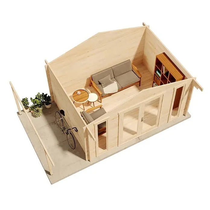Alpholz Gartenhaus Mirko Modern - Außenmaß inkl. Dachüberstand (B x T): 549 x 350 cm, Holz, Naturbelassen - Miniatur-Blockhüttenmodell aus hellem Holz mit offenem Dach, das einen möblierten Wohnbereich und eine kleine Terrasse mit Pflanzen und Fahrrad zeigt.